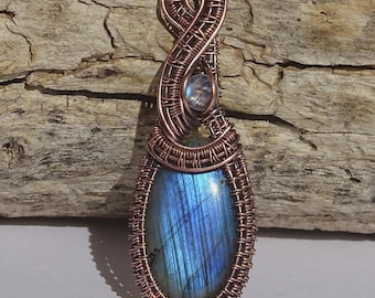 Kupferdraht Gewickelt Labradorit Anhänger mit Mondstein, Handgemachte Boho Kristall Halskette, Elfen Gothic Edelstein Schmuck, Einzigartiges Geschenk für Sie