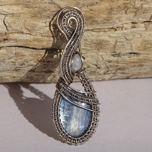 Kyanite and moonstone sterling silver wire pendant. Wire wrapped pendant, Kyanite pendant, wire wrap necklace, wire wrap jewelry, gemstone