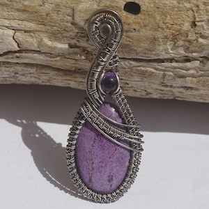 Amethyst and Stichtite sterling silver wire pendant. Wire wrapped pendant, Stichtite pendant, wire wrap necklace, wire wrap jewelry, unique