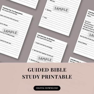 May include: Several white printable study sheets with black text, designed for Bible study. The sheets include prompts for verse mapping and the SOAP method. The image also features the text "GUIDED BIBLE STUDY PRINTABLE" and "DIGITAL DOWNLOAD".