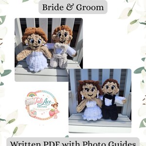May include: Two pairs of crocheted dolls representing a bride and groom, featuring brown hair, white dresses, and black or white suits. The image includes the text Bride & Groom and Written PDF with Photo Guides, along with a Tali Ace Designs logo.