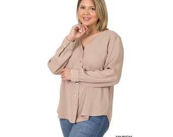 Plus Size Brown V-Neck Blouse, Plus Size Button Down Long Sleeve Top