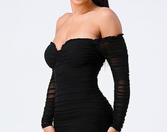 Semi-sheer Black off Shoulder Mini Dress, Mesh Long Sleeve Ruched Bodycon  Dress - Etsy