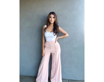 SMALL High Waisted Wide Leg Pants with Stretch Waist, Blush Pink Trousers