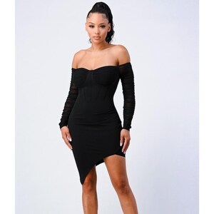 over the swoon black off the shoulder bodycon dress Semi-Sheer Mini Dress, Mesh Long Sleeve Ruched Maids to Measure Women's