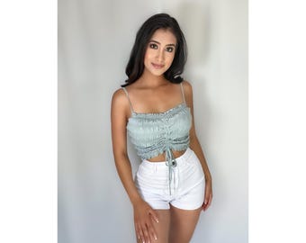 LARGE Ruched Drawstring Crop Top, Blue Crop Top, Adjustable Spaghetti Straps, Lightweight Stretchy Fit