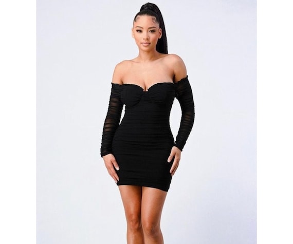 knee length dresses for ladies Off Shoulder Long Sleeve Bodycon Dress in Black main image 0