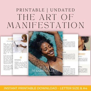 Puede incluir: Una guía imprimible y sin fecha titulada "The Art of Manifestation" con una mujer en una piscina en la portada. La guía incluye páginas con texto e imágenes, y las palabras "Instant Printable Download - Letter Size & A4".
