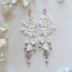 White Lace Earrings with Cz & Freshwater Pearls, Ethereal Wedding Earrings, Boho Chic Bridal Jewelry, Eco Lightweight Long, Unique Vintage image 1