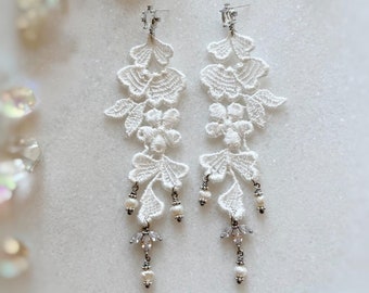 White Lace Earrings with Cz & Freshwater Pearls, Ethereal Wedding Earrings, Boho Chic Bridal Jewelry, Eco Lightweight Long, Unique Vintage