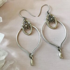 Large Teardrop Earrings, Silver Boho Earrings, Flower Wire Wrapped Earrings, Unique Jewelry Gift