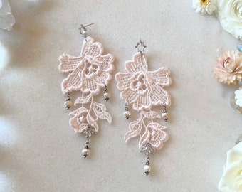 Blush Lace Earrings with Cz & Freshwater Pearls, Ethereal Wedding Earrings, Boho Bridal Jewelry, Eco Lightweight Floral Earrings