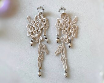 Delicate Freshwater Pearl Lace Bridal Earrings, Vintage Inspired Jewelry, Lace Floral Waterfall Wedding Earrings