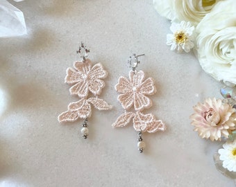 Dainty Pink Lace Earrings with Cz & Freshwater Pearls, Peach Wedding Earrings, Boho Bridal Jewelry, Eco Lightweight, Blush Floral Earrings