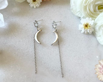 Delicate Crescent Moon Chain Earrings, Organic Shaped Moon Dangles