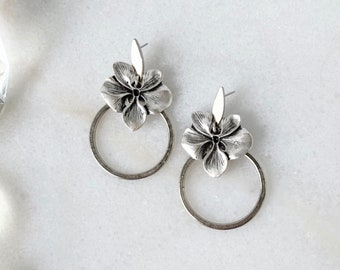Silver Orchid Earrings, Whimsical Hoop Flower Earrings, Unique Boho Jewelry