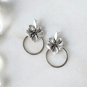 Silver Orchid Earrings, Whimsical Hoop Flower Earrings, Unique Boho Jewelry image 1