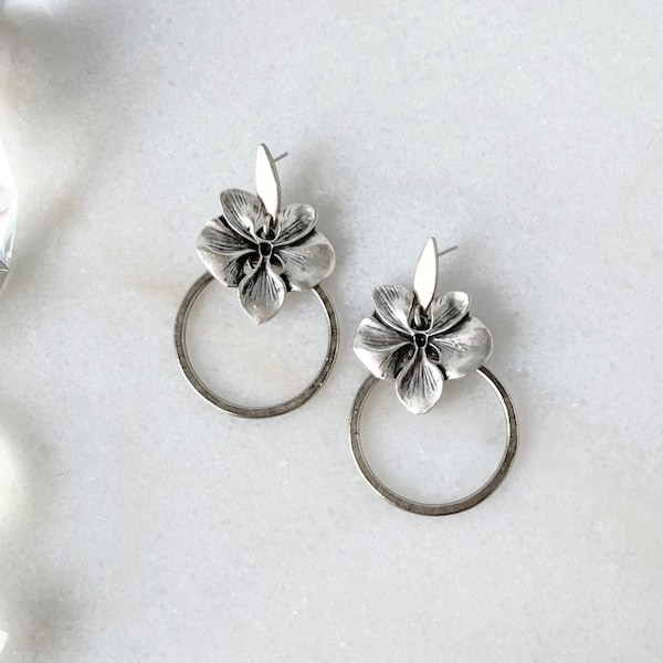 Silver Orchid Earrings, Whimsical Hoop Flower Earrings, Unique Boho Jewelry