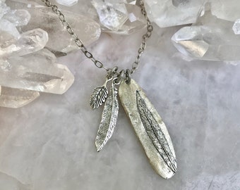 Feather + Willow Leaf Necklace, Long Charm Necklace, Silver Botanical Necklace