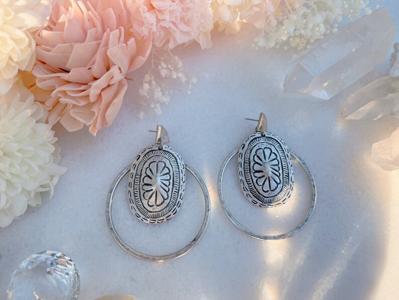 Hammered Silver Whimsical Earrings, Ethnic Silver Open Circle Earrings, Hypoallergenic Hoop Flower Earrings, Unique Boho Jewelry image 2