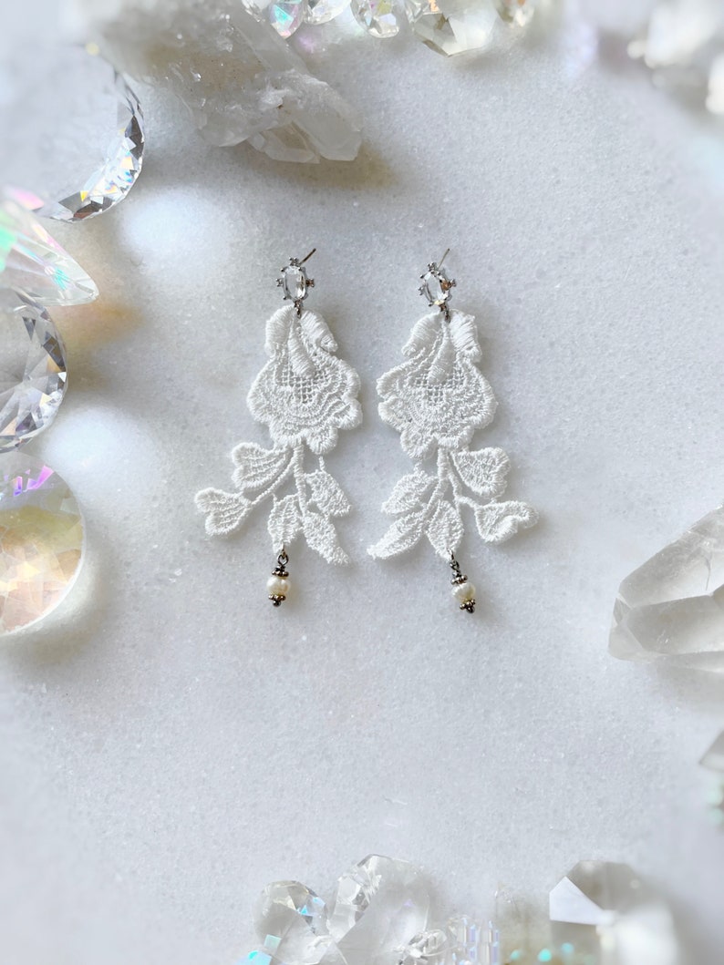 Dainty Lace Bridal Earrings, Delicate Pearl Vintage Style Wedding Earrings, Ethereal Bride image 2