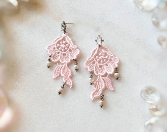 Pink Lace Bridal Earrings, Dainty Pearl Wedding Earrings, Pink Floral Bridesmaid Gift