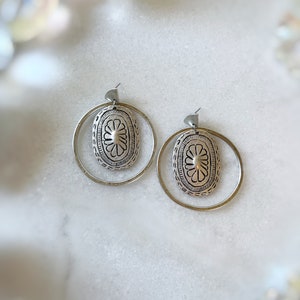 Hammered Silver Whimsical Earrings, Ethnic Silver Open Circle Earrings, Hypoallergenic Hoop Flower Earrings, Unique Boho Jewelry image 3