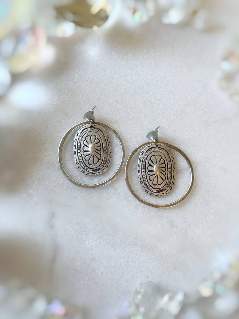 Hammered Silver Whimsical Earrings, Ethnic Silver Open Circle Earrings, Hypoallergenic Hoop Flower Earrings, Unique Boho Jewelry image 3