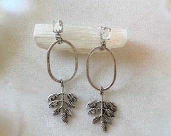 CZ Leaf Earrings, CZ Crystal Dangle Earrings, Nature Plant Earrings, Open Oval Hoop Earrings, Long Chunky Nature Plant Botanical Earrings