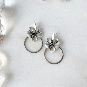 Silver Orchid Earrings, Whimsical Hoop Flower Earrings, Unique Boho Jewelry image 2