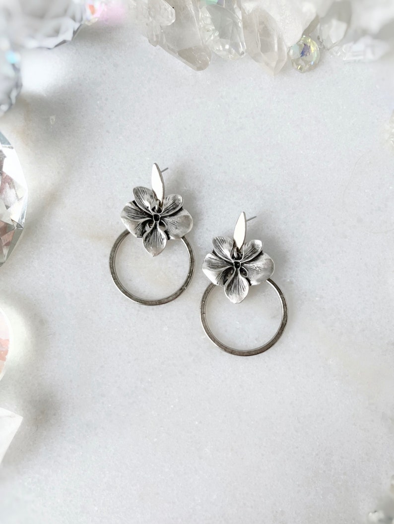 Silver Orchid Earrings, Whimsical Hoop Flower Earrings, Unique Boho Jewelry image 2