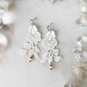 Dainty Lace Bridal Earrings, Delicate Pearl Vintage Style Wedding Earrings, Ethereal Bride image 1