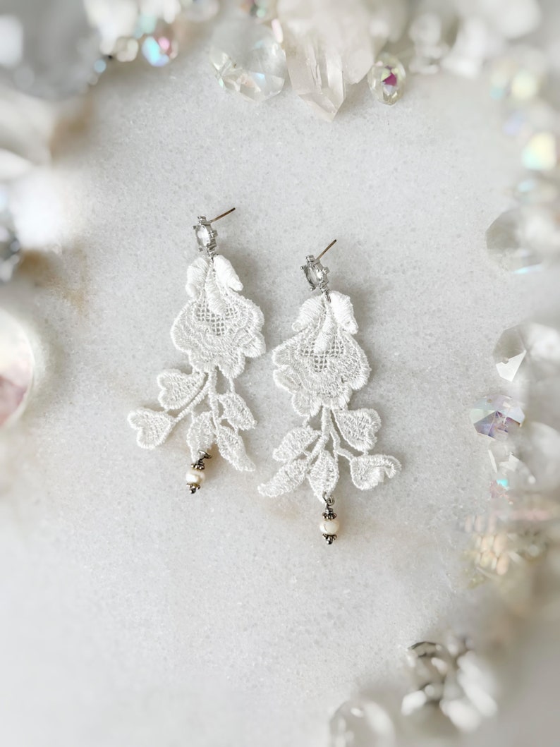 Dainty Lace Bridal Earrings, Delicate Pearl Vintage Style Wedding Earrings, Ethereal Bride image 1