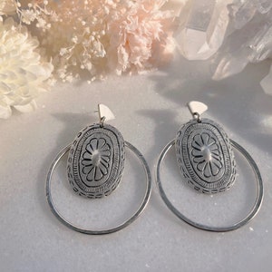 Hammered Silver Whimsical Earrings, Ethnic Silver Open Circle Earrings, Hypoallergenic Hoop Flower Earrings, Unique Boho Jewelry image 4