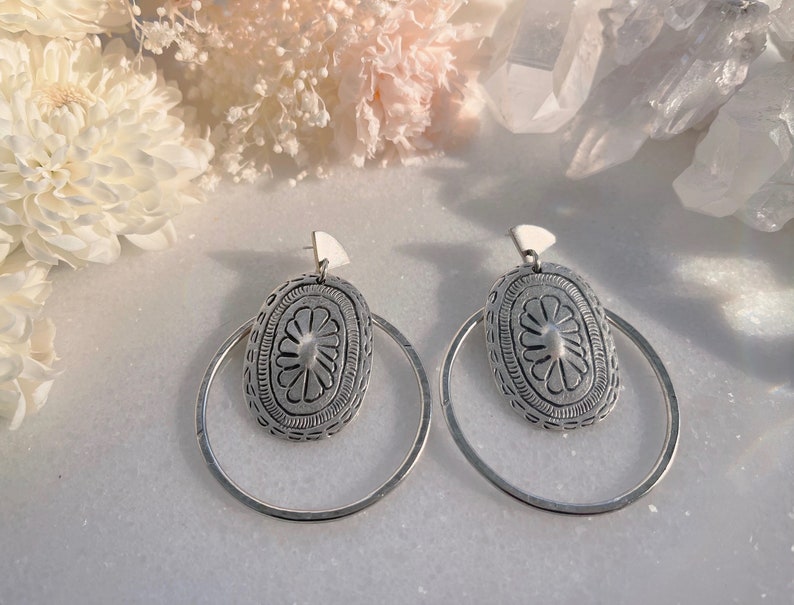 Hammered Silver Whimsical Earrings, Ethnic Silver Open Circle Earrings, Hypoallergenic Hoop Flower Earrings, Unique Boho Jewelry image 4