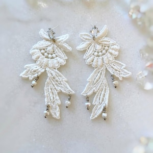 Boho Lace Earrings with Cz & Freshwater Pearls, Vintage Style Wedding Earrings, Boho Chic Bridal Jewelry, Eco Lightweight image 1