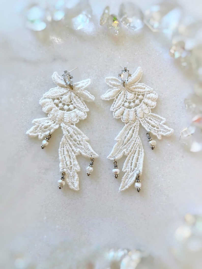 Boho Lace Earrings with Cz & Freshwater Pearls, Vintage Style Wedding Earrings, Boho Chic Bridal Jewelry, Eco Lightweight image 1