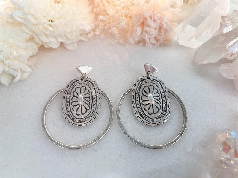 Hammered Silver Whimsical Earrings, Ethnic Silver Open Circle Earrings, Hypoallergenic Hoop Flower Earrings, Unique Boho Jewelry image 1