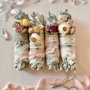 Floral Sage Bundle Gift, Magical Smudge Stick, Large White Sage Wand, Herbal Cleanser, Unique Wedding Favor image 1