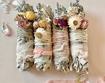 Floral Sage Bundle Gift, Magical Smudge Stick, Large White Sage Wand, Herbal Cleanser, Unique Wedding Favor