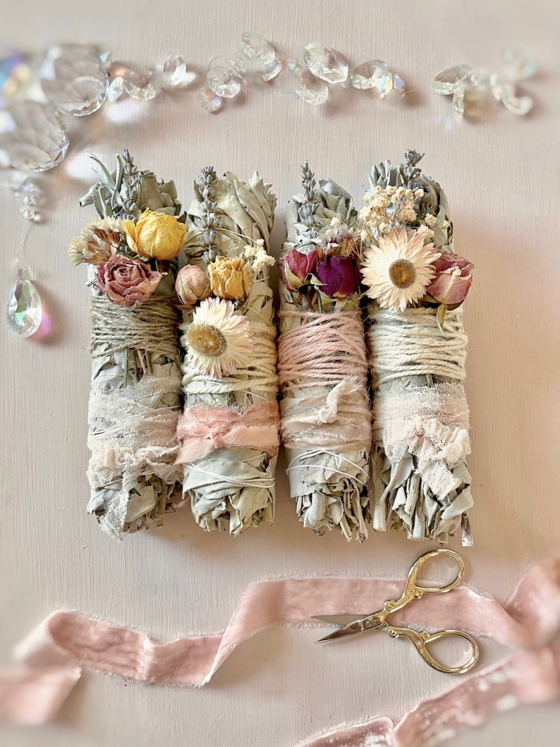 Floral Sage Bundle Gift, Magical Smudge Stick, Large White Sage Wand, Herbal Cleanser, Unique Wedding Favor image 1