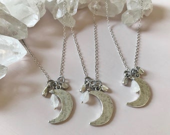 Magical Crescent Moon Charm Necklace With Rainbow Moonstone, Ethereal Jewelry, Unique Boho Necklace