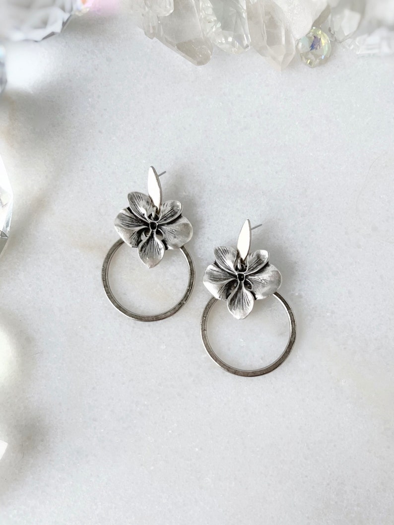 Silver Orchid Earrings, Whimsical Hoop Flower Earrings, Unique Boho Jewelry image 1