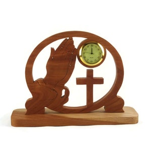 Praying Hands and Cross Desk Clock Handmade From Cherry Wood By KevsKrafts Woodworking image 1