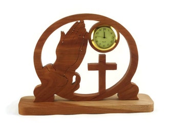 Praying Hands and Cross Desk Clock Handmade From Cherry Wood By KevsKrafts Woodworking