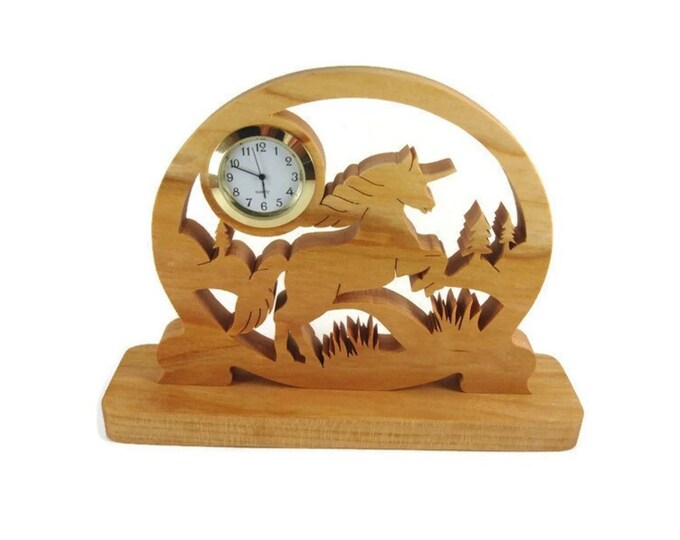 Unicorn Desk Or Shelf Clock Handmade From Cherry Wood Using A Scroll Saw By KevsKrafts
