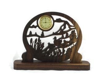 Ducks And Ducklings Swimming Scene Mini Desk Clock Handmade From Walnut Wood