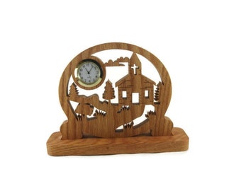 Country Church Scene Desk Clock Handmade From Oak Wood By KevsKrafts