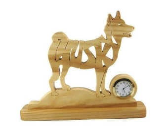 Husky Dog Desk Or Shelf Clock Handcrafted With A Scroll Saw From Ash Wood By KevsKrafts