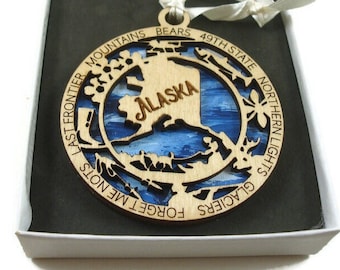 Alaska State Christmas Ornament Laser Engraved And Hand Painted